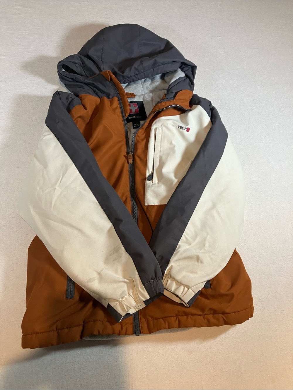 Swiss Tech Men's Colorblock Hooded Ski Jacket in Rust, Cream & Gray